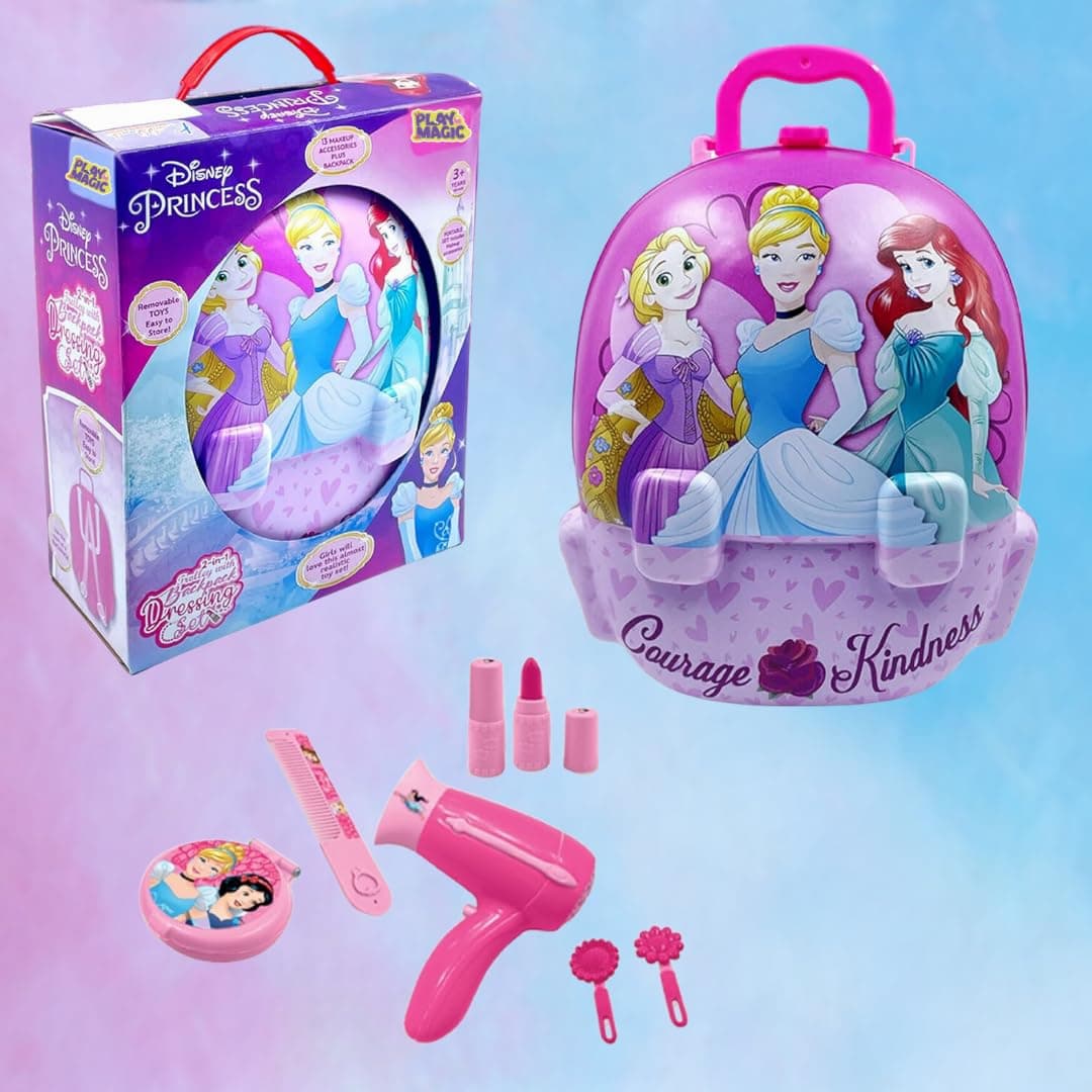 PlayMagic Princess Portable Backpack Dressing Set Makeup Toy | Pretend Play Set with Makeup Accessories for Kids | Suitcase Toy Gift for Girls