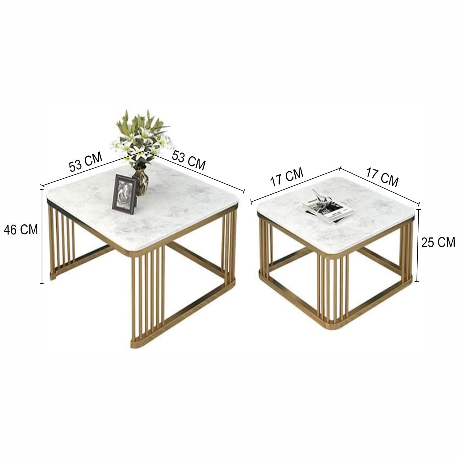 Home Sparkle Iron Frame Handmade Square Coffee Table | Center Table for Living Room with Marble MDF White Top | Sitting Room | Set of 2 | Big : 21" X 21" X 18", Small : 17" X 17" X 16" (White & Gold)