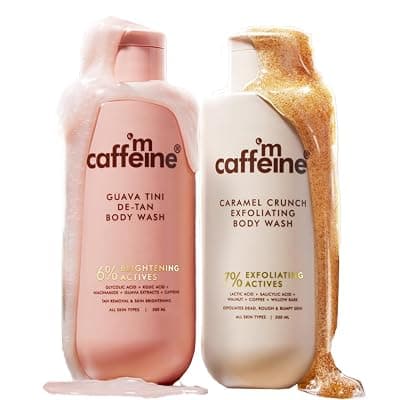 mCaffeine De-Tan &amp; Exfoliating Body Washes (Set of 2) | Guava &amp; Caramel Crunch Body Washes (300 ml x 2) | With Niacinamide, Salicylic and Lactic Acid | Brightens &amp; Even Tones | Reduces Body Acne