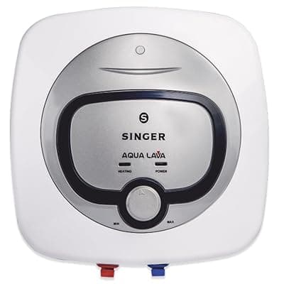 SINGER Aqua Lava 15 L Glass Line Storage Water Heater (Geyser) | With Free Inlet &amp; Outlet Pipe | 5 Star Energy Saving | 2000W Heating | 8 Bar Pressure | 5-Level Safety | ISI Certified | White &amp; Silver