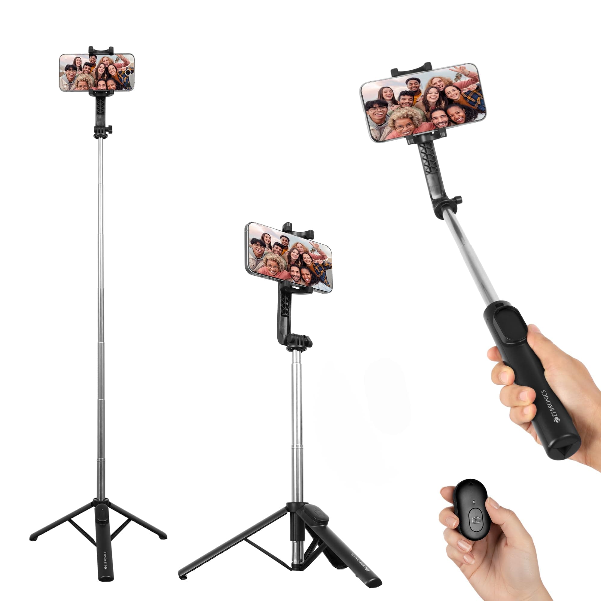 Zebronics Moments 100 Extendable Selfie Stick, Detachable Bluetooth Shutter Button for Compatible with Android & iPhones, Tripod Stand, 360° Rotation, 180° Angle Adjustment, Upto 17.5cm Screen Size