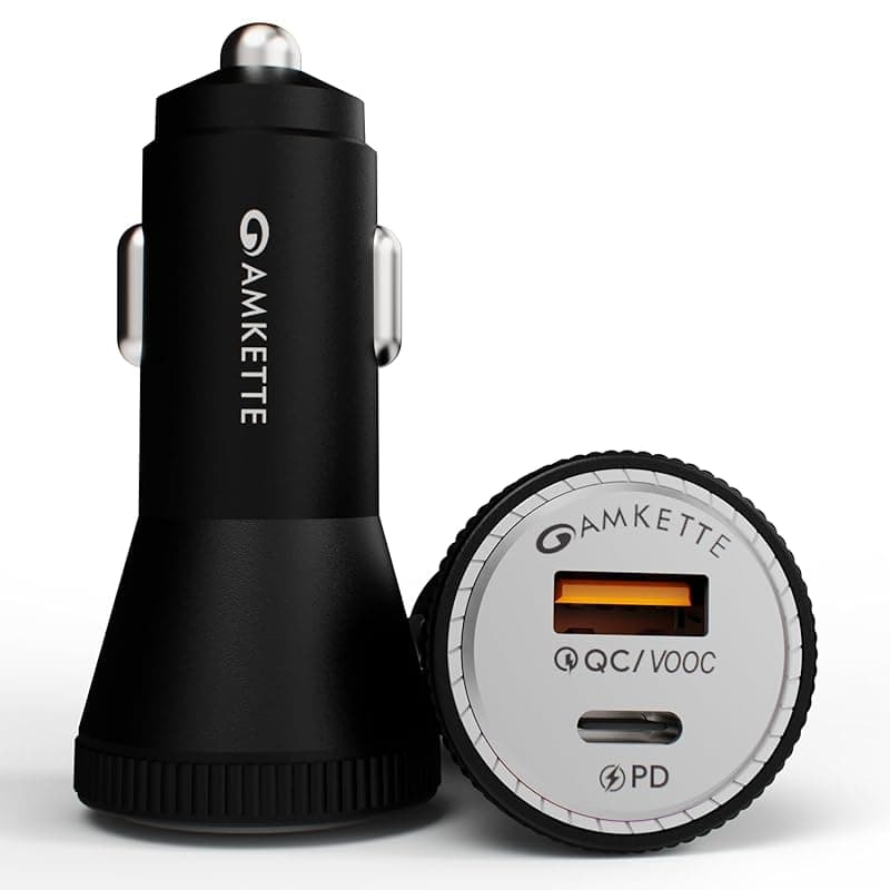 Amkette 81W Car Charger Type C 45W PD + USB-A 36W QC Dual Port Car Charger Socket| Metallic Grey ABS Build with Safety Protections | Multi-Device Compatible for Smartphones, Tablets &amp; Laptops