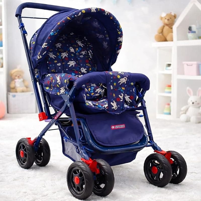 Storio Baby Stroller/Pram for Newborn to 3 Years | 5-Point Safety Harness | Adjustable Backrest | Reversible Handle | 360° Swivel Wheels | Comfortable & Foldable Pram (Navy Blue)
