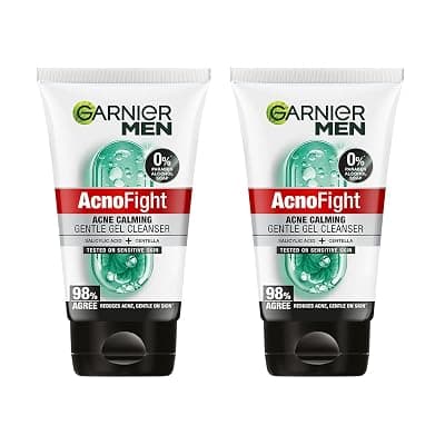 Garnier Men Acno Fight Gentle Gel Cleanser Face Wash for Men | Salicylic Acid & Centella | Fights Acne Soothes Skin | For Sensitive Oily & Acne-Prone Skin | No Parabens Alcohol Soap | 100g (Pack of 2)