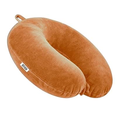 Travel Neck Pillow for Men & Women | Soft Fibre Cushion for Flight, Car & Train | Soft Velvet Fabric with Attachable Snap Strap | Cervical Support for Neck Pain Relief. Pack of 1 (Mustard orng)
