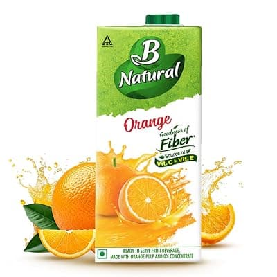 B Natural Orange Juice, Goodness of fiber, Enriched with Vitamin C &amp; E, Made with 100% Indian Fruit and 0% Concentrate, 1 litre