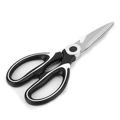 Kitchen Scissors with Serrated Blade, Nut Cracker Slot and Bottle Opener, Black and White Handle