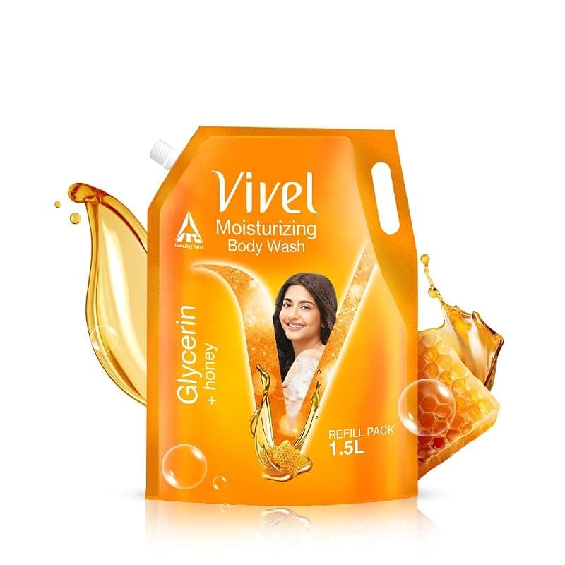 Vivel Moisturizing Body Wash, Glycerin &amp; Honey Shower Gel, 1500 ml Supersaver XL Refill Pouch, For Soft, Glowing Skin, Mild and Pure Bodywash, For Women &amp; Men