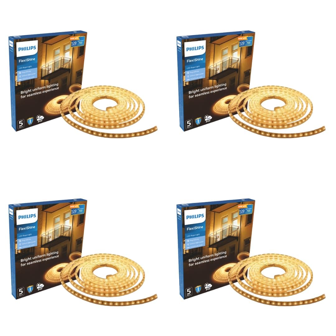 PHILIPS FlexiShine LED Strip Light 5M | 8 Watt per Meter | 120 LEDs/m | IP65 Waterproof LED Rope Light for Outdoor Balcony Garden Pathway Lighting | Flexible Decorative Lighting | Warm White Pack of 4