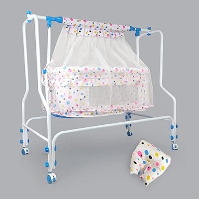 NHR New Born Baby Cradle, Baby Swing, Baby jhula, Baby Bed, Crib, Palna for Comfortable Sleep, Bassinet with Mattress, Mosquito Net and Swing Lock Function for 0-12 Months Baby Boy and Girl (Blue)