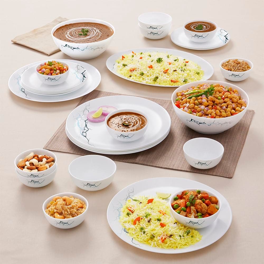 Larah By Borosil Moon Sara Dinner Set - 27 Pcs, Opal Glass Dinner Plates & Bowls Crockery Set for Dinning, White