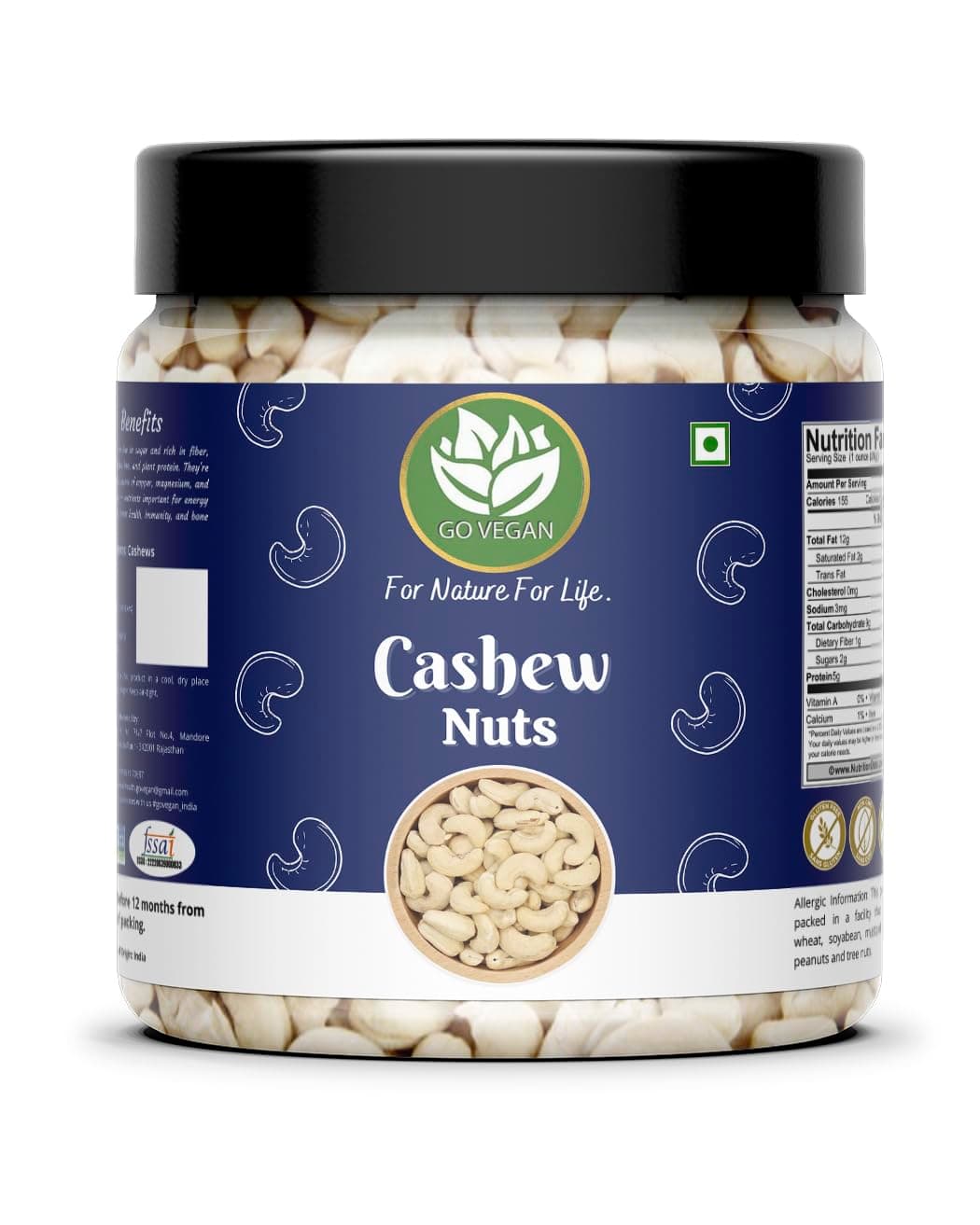 Go Vegan Raw Cashew W320 Grade 1Kg | kaju | Premium Whole Cashews | Whole Crunchy Cashews Jar Pack