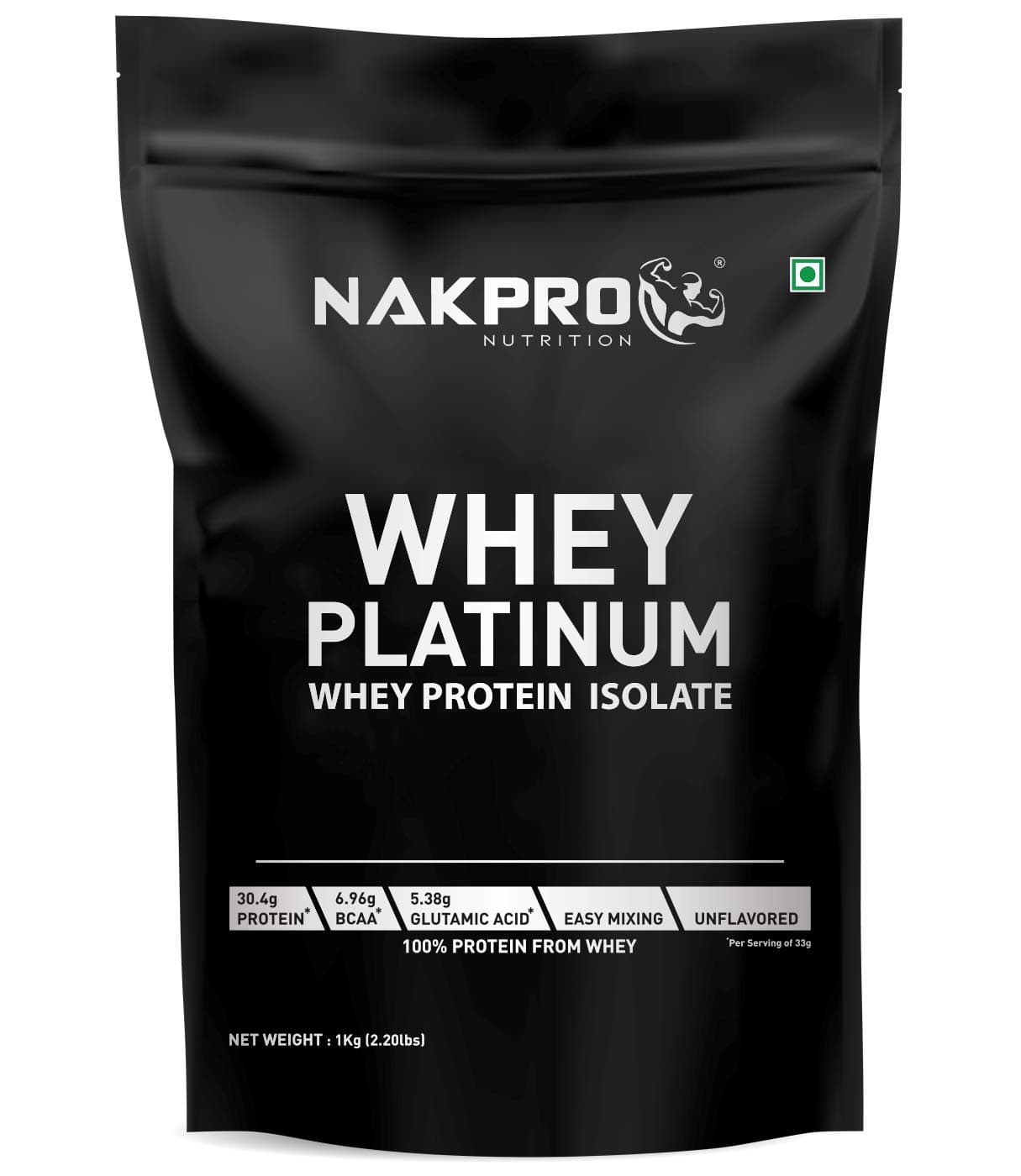 NAKPRO NUTRITION Platinum Whey Protein Isolate | 1kg Unflavoured | 31g Protein| Trustified Certified