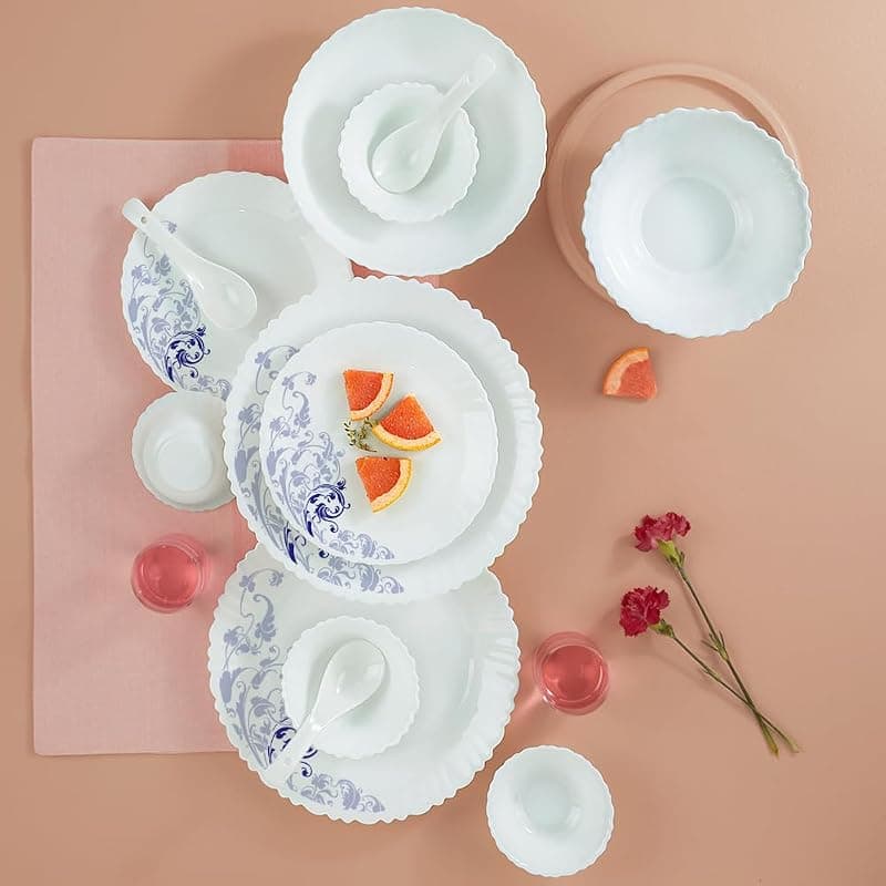 Larah by Borosil Blue Eve Silk Series Opalware Dinner Set | 35 Pieces for Family of 6 | Microwave & Dishwasher Safe | Bone-Ash Free | Crockery Set for Dining & Gifting | Plates & Bowls | White