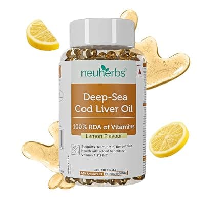 Neuherbs Deep Sea Cod Liver Oil Omega 3 Supplement With Vitamin A, D3 &amp; E | Supports Heart, Brain, Bone &amp; Skin Health | Fish Oil for Men &amp; Women | No Fishy Burps With Lemon Flavour - 100 Softgels