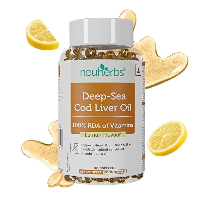 Neuherbs Deep Sea Cod Liver Oil Omega 3 Supplement With Vitamin A, D3 &amp; E | Supports Heart, Brain, Bone &amp; Skin Health | Fish Oil for Men &amp; Women | No Fishy Burps With Lemon Flavour - 100 Softgels