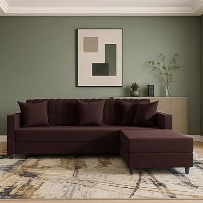 FURNY Koreno 4 Seater L Shape Convertible Sofa Set for Living Room, 3 Seater &amp; Ottoman Modular Sectional Couch for Small Space (Brown Color Fabric)