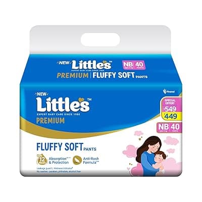 Little's Premium New Born Baby Diaper Pants Style (NB) | Upto 5 kg | 40 Count - Pack of 1 | FluffySoft Baby Diapers with Leakage Guard, Wetness Indicator &amp; 12 Hours Absorption