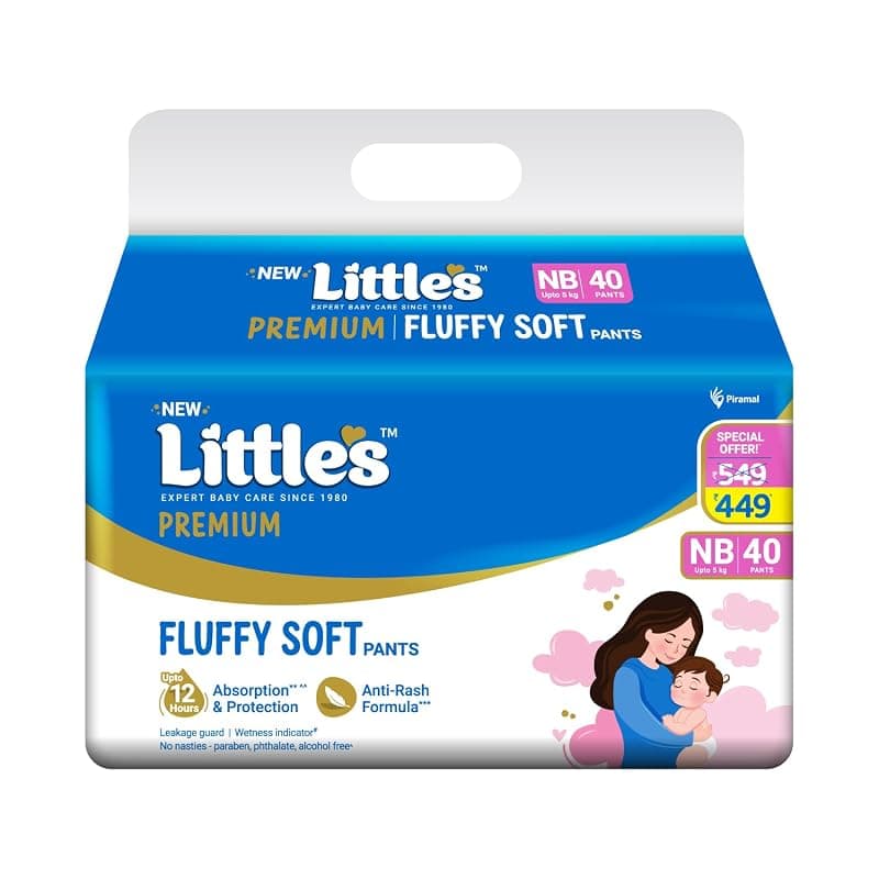 Little's Premium New Born Baby Diaper Pants Style (NB) | Upto 5 kg | 40 Count - Pack of 1 | FluffySoft Baby Diapers with Leakage Guard, Wetness Indicator &amp; 12 Hours Absorption