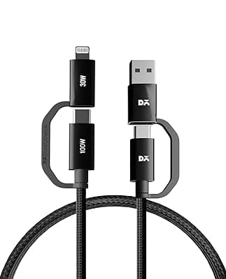 DailyObjects SURGE Kevlar Core 4-in-1 100W Charging Cable|USB-A,Type-C,Lightning|Fast Charging,480Mbps Data Transfer,Data Sync|Compatible with Android &amp; iOS Smartphones,Tablet/Ipads &amp; Macbook,Black