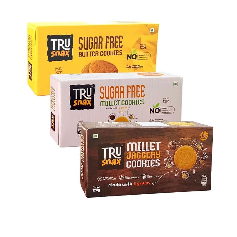 TruSnax Sugar-Free Cookies Combo Pack | Family Favourite Trio – Butter, Millet & Millet Jaggery | No Preservatives | 3 × 120g