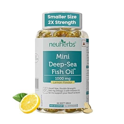 Neuherbs Mini Deep Sea Omega 3 Fish Oil Capsules 1000mg Supplement | EPA - 360mg, DHA - 240mg | With Vitamin E &amp; D3 | Suppots Heart, Brain, Muscle &amp; Joint Health| Lemon Flavour - 60 Softgels