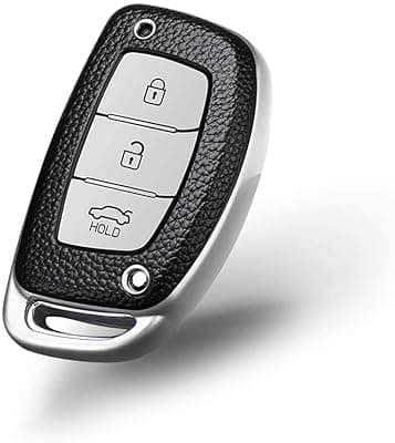 JVCV® Premium Soft TPU Leather Pattern Key Cover Compatible with Hyundai Creta, i10 Grand, i20 Elite, i20 Active, Xcent, Verna 4s, Tucson, Elantra, Grand i10 Nios 3 Button Smart Key (Silver Black)