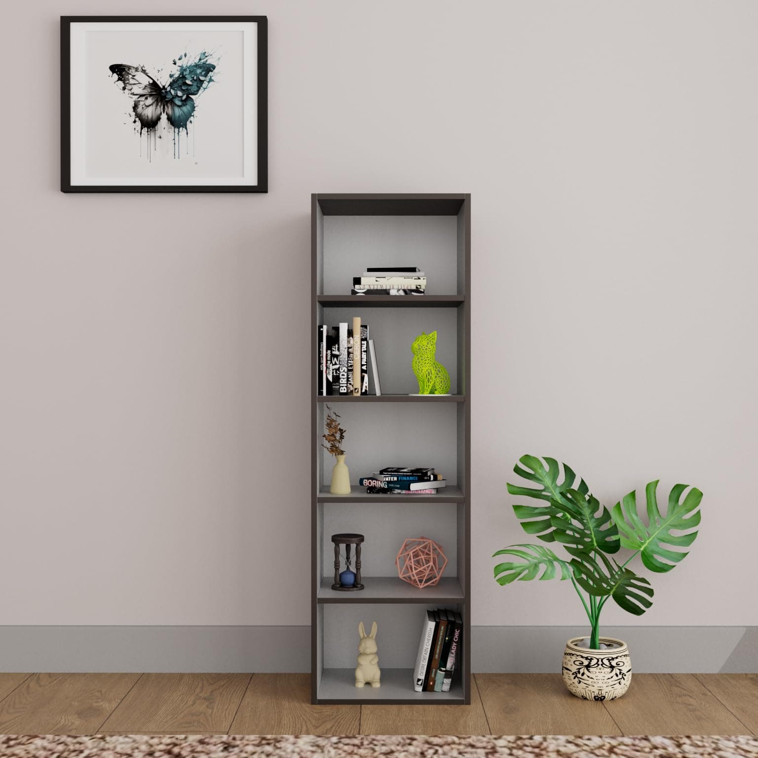 HomeTown Mezzola 5-Tier Engineered Wood Bookshelf | Wenge & White – Book Stand, Book Holder, Home Storage & Organizer for Bedroom, Living Room, Study Room