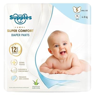Amazon Brand – Supples Super Comfort Baby Diaper Pants | Small (4–8 kg), 70 Count | Dermatologically tested, Ultra-Thin, Soft & Breathable | Wetness Indicator, Anti-Leak, All-Night Absorbency