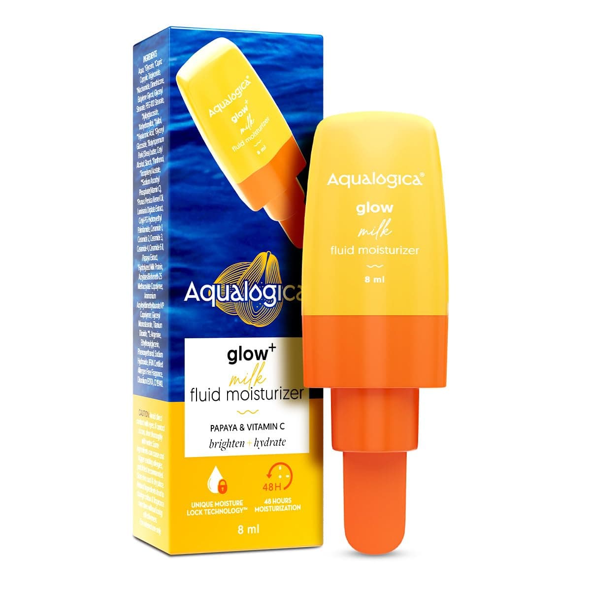 Aqualogica Glow+ Milk Fluid Moisturizer Lotion - 8ml | Lightweight Milk-Like Texture | Brightens Skin | 48Hr Deep Moisturization