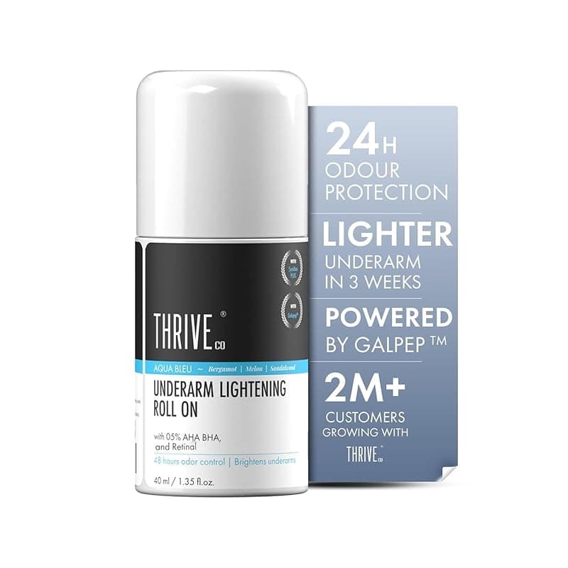 ThriveCo Underarm Lightening Roll-On with 5% AHA BHA &amp; Retinol – 24H Odour Control, Brightens Underarms &amp; Reduces Discolouration for Smooth &amp; Even Skin, For Men &amp; Women | 40 ml (Aqua Bleu)