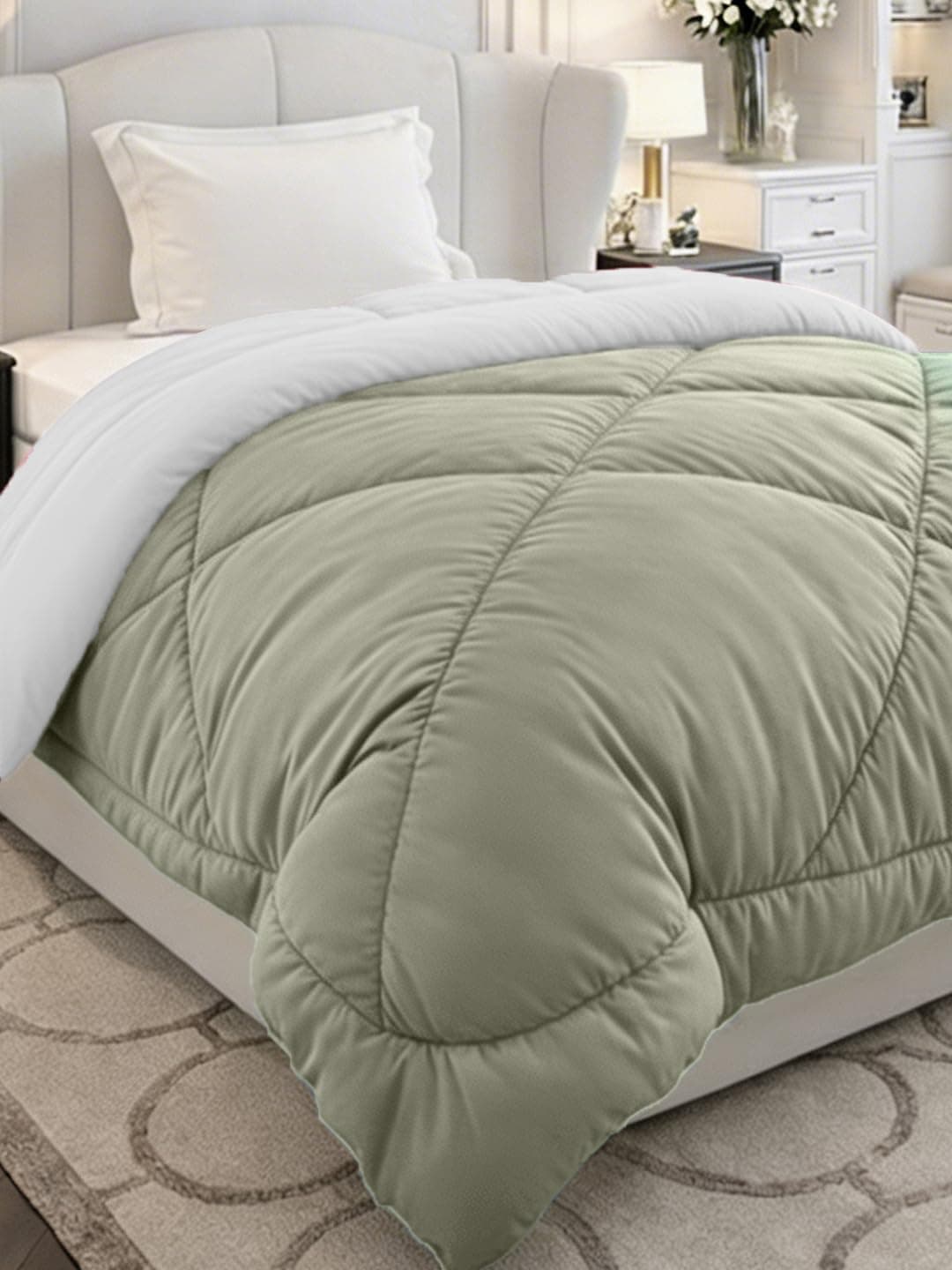 Monte Carlo Polyester Comforter Single Bed | 200 GSM Lightweight & Reversible | Soft Quilt for Mild Winter | Easy Care All Season Comforter (Green) | 59 x 87 Inches