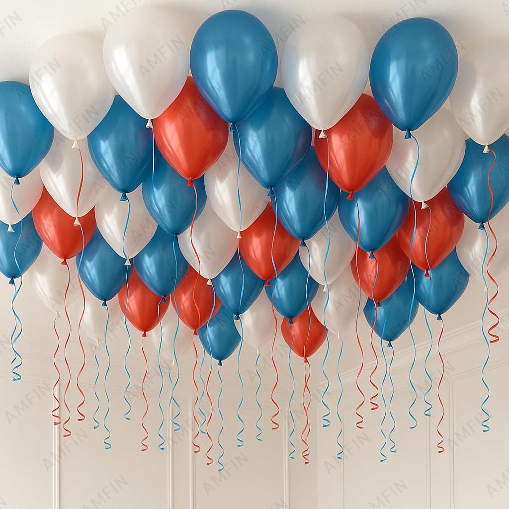 AMFIN 9 Inch (Pack of 50) Metallic Balloons Blue, White & Red for Birthday Decoration, Decoration for Weddings, Engagement, Baby Shower, 1st Birthday, Anniversary Party, Theme Party, Office Party