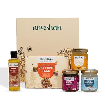 Anveshan Diwali Gift hamper - Dry Fruit Paak, A2 Desi Cow Ghee, Wood-Pressed Groundnut Oil, Cold Pressed Virgin Coconut Oil & Mishri Gulkand | Festive Gift Box | Hamper For Gifting