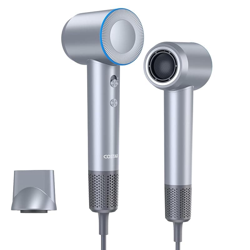 COSTAR High-Speed Ionic Hair Dryer, 110000 RPM Brushless Motor, 200 Million Negative Blow Dryer, Low Noise, Thermo-Control Hair dryer for Women &amp; Men Home and Travel with Magnetic Nozzle (HALO V2, Silver)