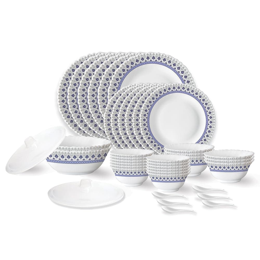 Larah by Borosil Ocean Fluted Series Opalware Dinner Set | 40 Pieces for Family of 6 | Microwave & Dishwasher Safe | Bone-Ash Free | Crockery Set for Dining & Gifting | Plates & Bowls | White