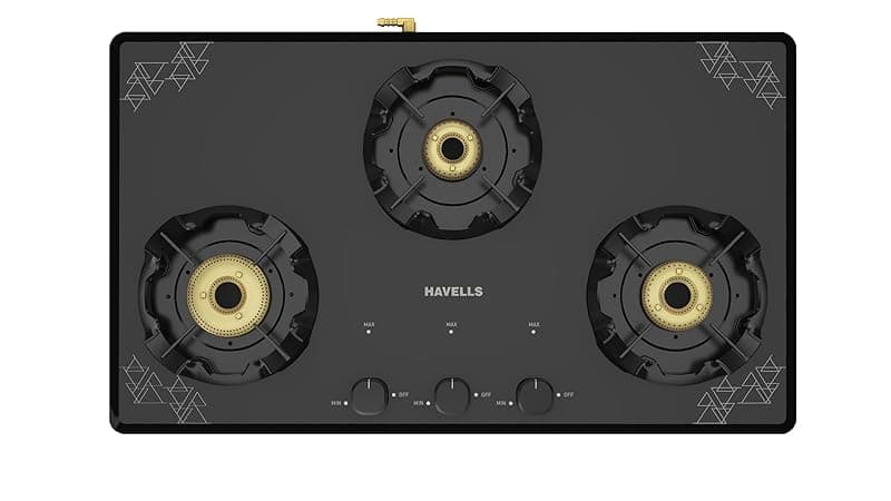 Havells Nucleus Slim Manual Gas stove|3 Heavy Duty Forged Brass Burner|8 mm toughened glass|Premium Valves|Removable Drip Tray|Soft Touch Knobs|5 year Warranty on Burners,Glass &amp; Valves (Black)