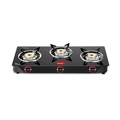 Pigeon by Stovekraft Aster 3 Burner Gas Stove with High Powered Brass Burner Gas Cooktop, Cooktop with Glass Top and Powder Coated Body, Black, Manual Ignition, Standard (14267)