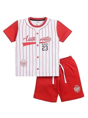 LITTLE NINJA Pure Cotton Knee Length Half Sleeve Stripped Themed Tee &amp; Shorts Set - Red 0-6M