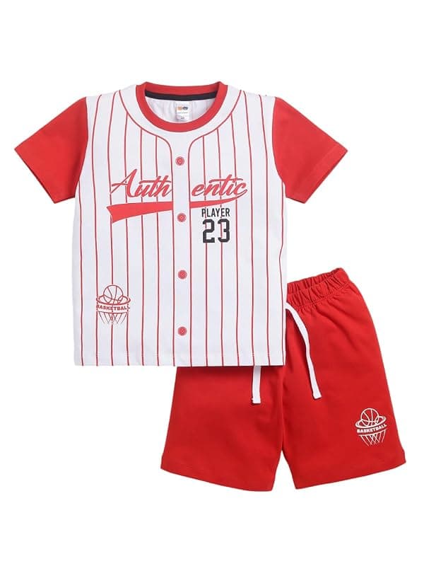 LITTLE NINJA Pure Cotton Knee Length Half Sleeve Stripped Themed Tee &amp; Shorts Set - Red 0-6M
