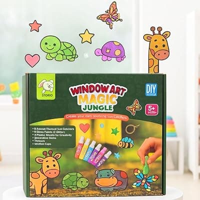 Storio Window Art Magic Jungle Set | DIY Animals Sun Catcher Kit with Glass Paints &amp; Decorative Gems | Art and Craft Kit