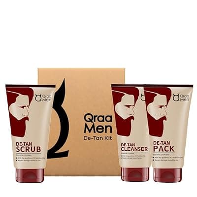 Qraa Men De-Tan Kit For Instant Tan Removal | For Skin Lightening &amp; Brightening | Dirt &amp; Blackhead Removal |Tan Removal Face Cleanser, Scrub &amp; Pack | 320gm (Pack of 3)