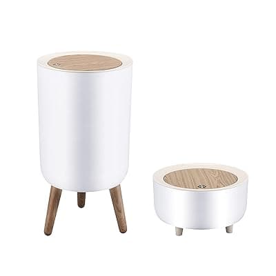 WanWanKa Plastic Trash Can 1.8 Gallon With Press Top Lid - Nordic Modern Waste Basket 0.5 Gallon (2 Pieces) for Office, Outdoor - Dog Proof (White)