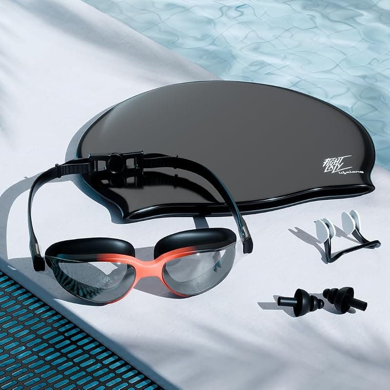 Lifelong Silicone Swimming Combo Kit | Waterproof Swim Cap with Earplugs & Nose Clip | Anti-Fog Swim Goggles | Comfortable Fit Swimming Accessories (Black)