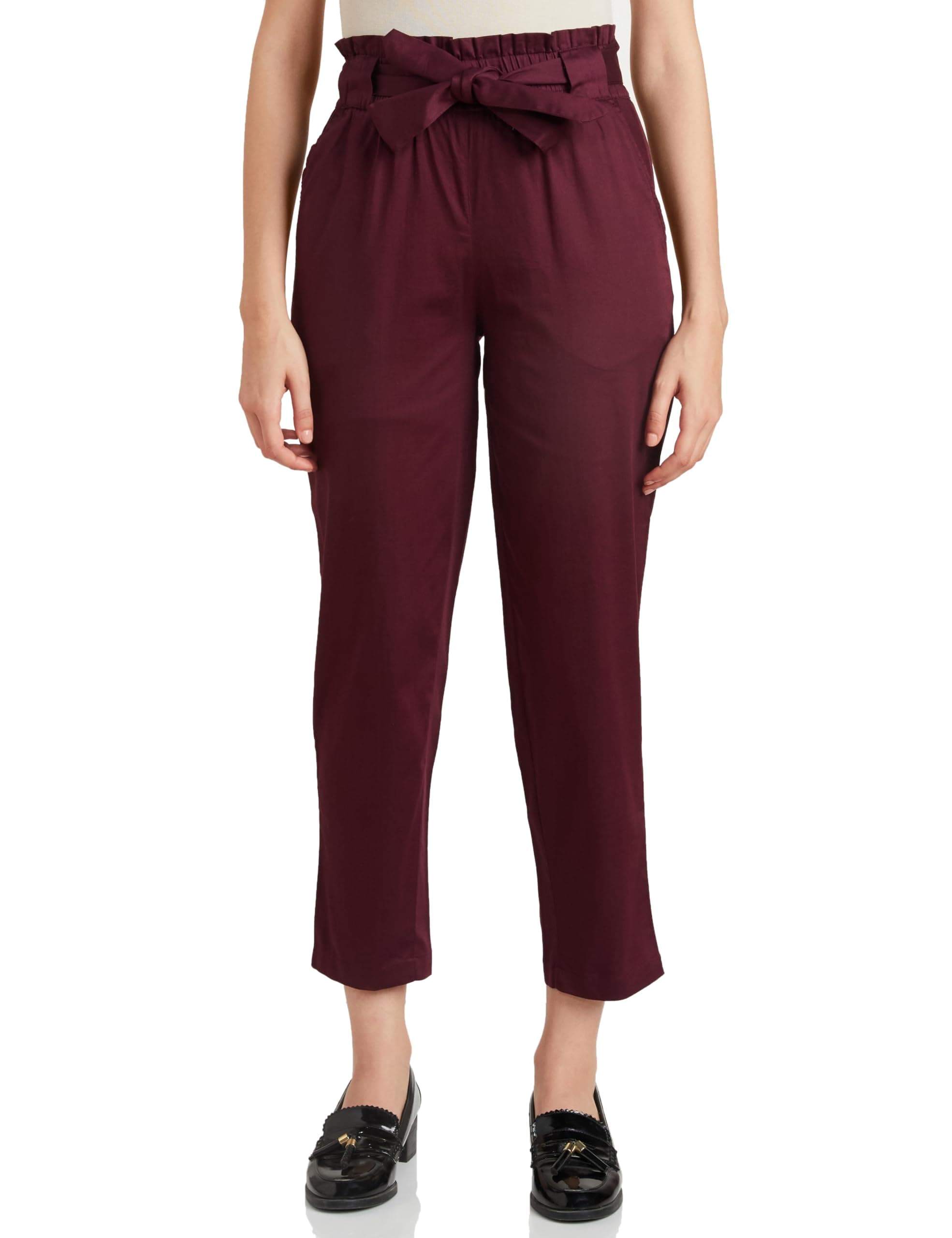 Amazon Brand - Symbol Women Tapered Paper Bag Trousers (High Rise Ankle Length | with Self Fabric Belt) (Available in Plus Sizes)