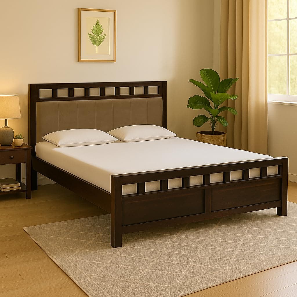 EXCEL International Matrix Solid Sheesham Wood Queen Size Bed Without Storage | Wooden Double Bed with Velvet Upholstery Cushioned Headboard for Bedroom | Rosewood, Provincial Teak