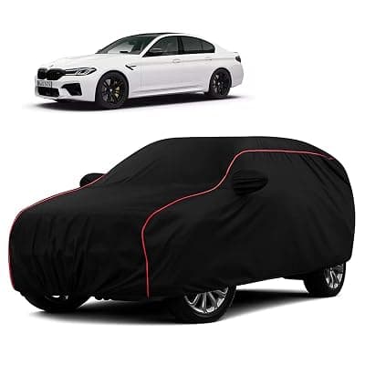 Sulfar 100% Water Resistant Car Body Cover Compatible with Mirror for BMW M5 (Triple Stitched, Full Bottom Elastic, Black with Red Piping)