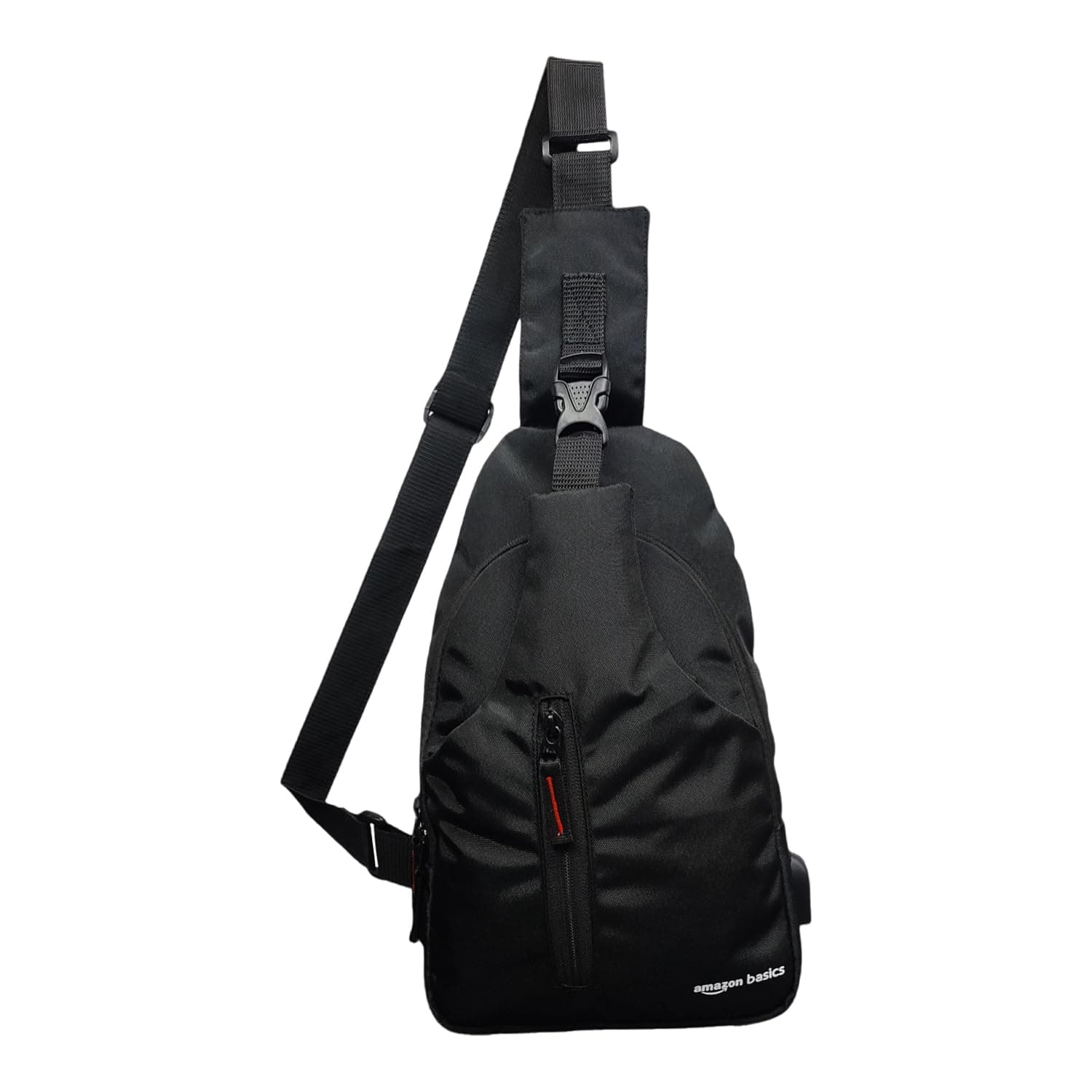 Amazon Basics Cross Body Backpack with 3 Pockets for Unisex | USB Charger | Water Resistant | Suitable for Outdoor Activities | Black