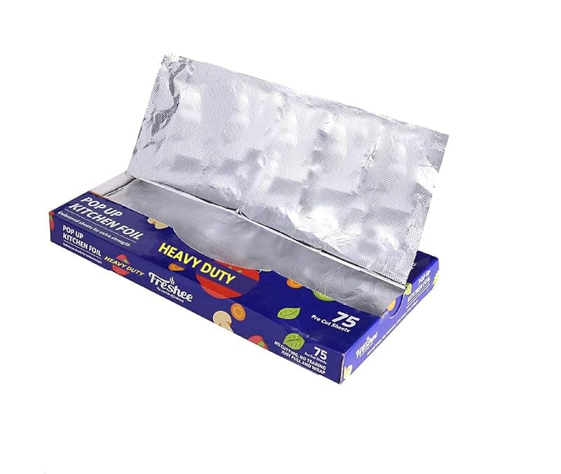 Freshee 75 Pre Cut Heavy Duty Rot Wrap Aluminium Foil Sheet 30 cm x 27 cm, Pop up Kitchen Foil, Pull and Wrap Embossed Aluminium Sheet for Roasting, Grill Lining and More