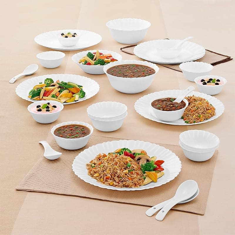 Larah by Borosil Plain White Silk Series Opalware Dinner Set | 27 Pieces for Family of 6 | Microwave & Dishwasher Safe | Bone-Ash Free | Crockery Set for Dining & Gifting | Plates & Bowls | White